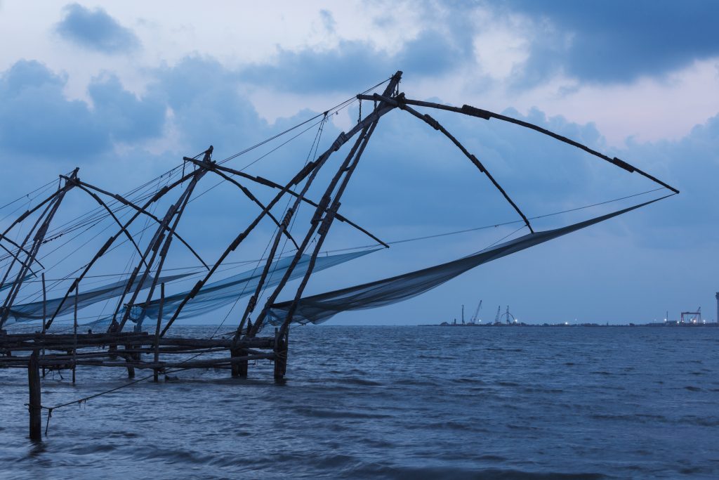 Chinese fishnets in twilight. Kochi, Kerala, India